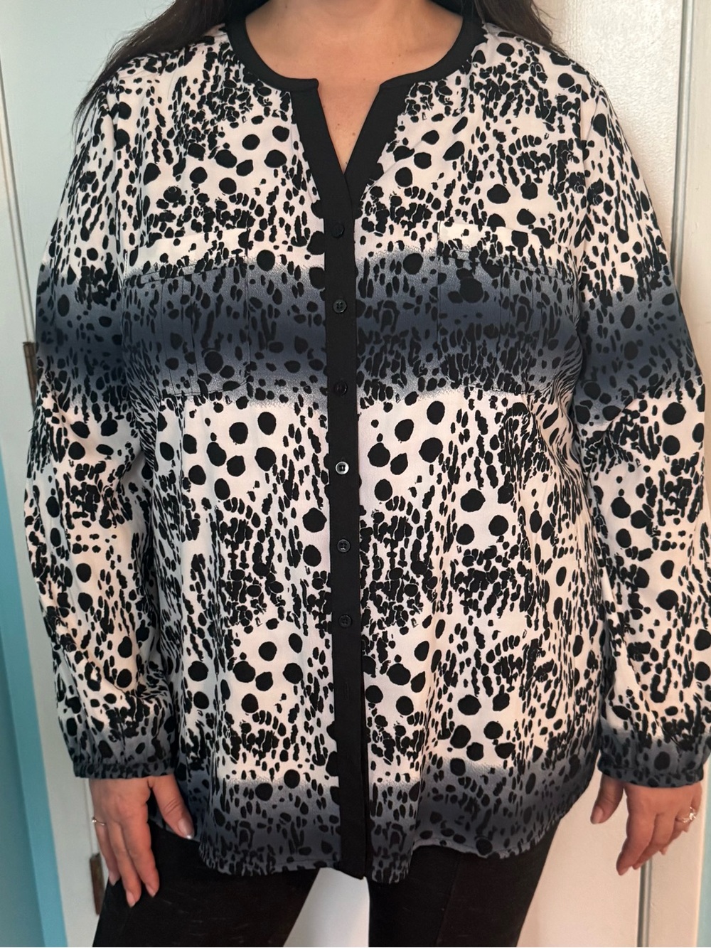 Fred David Black White Gray Animal Print Button-Front Long Sleeve Blouse 2X
